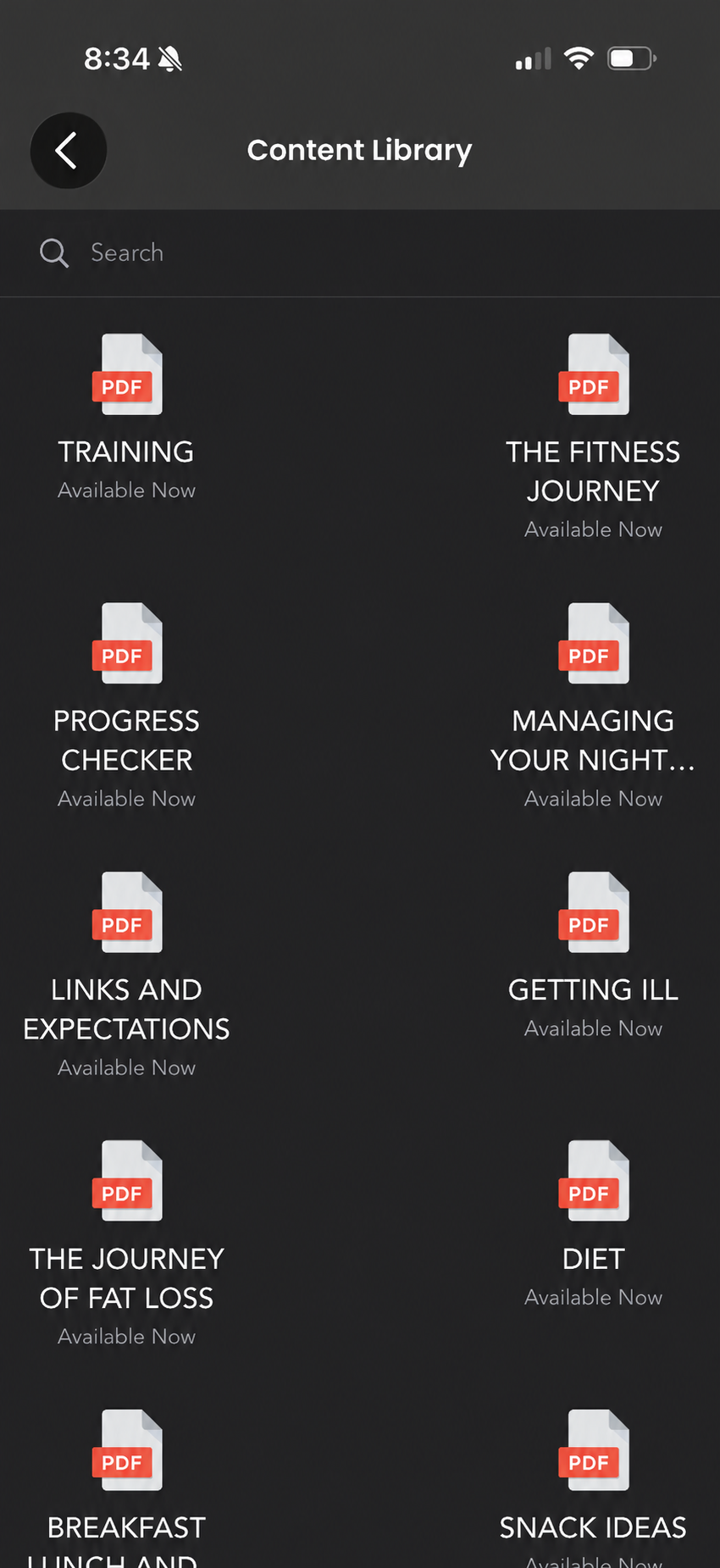 Content Library screen in the coaching app