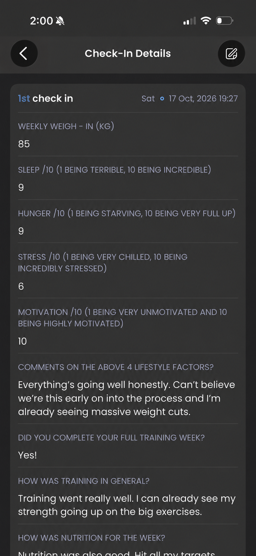 Daily check-in details screen in the coaching app