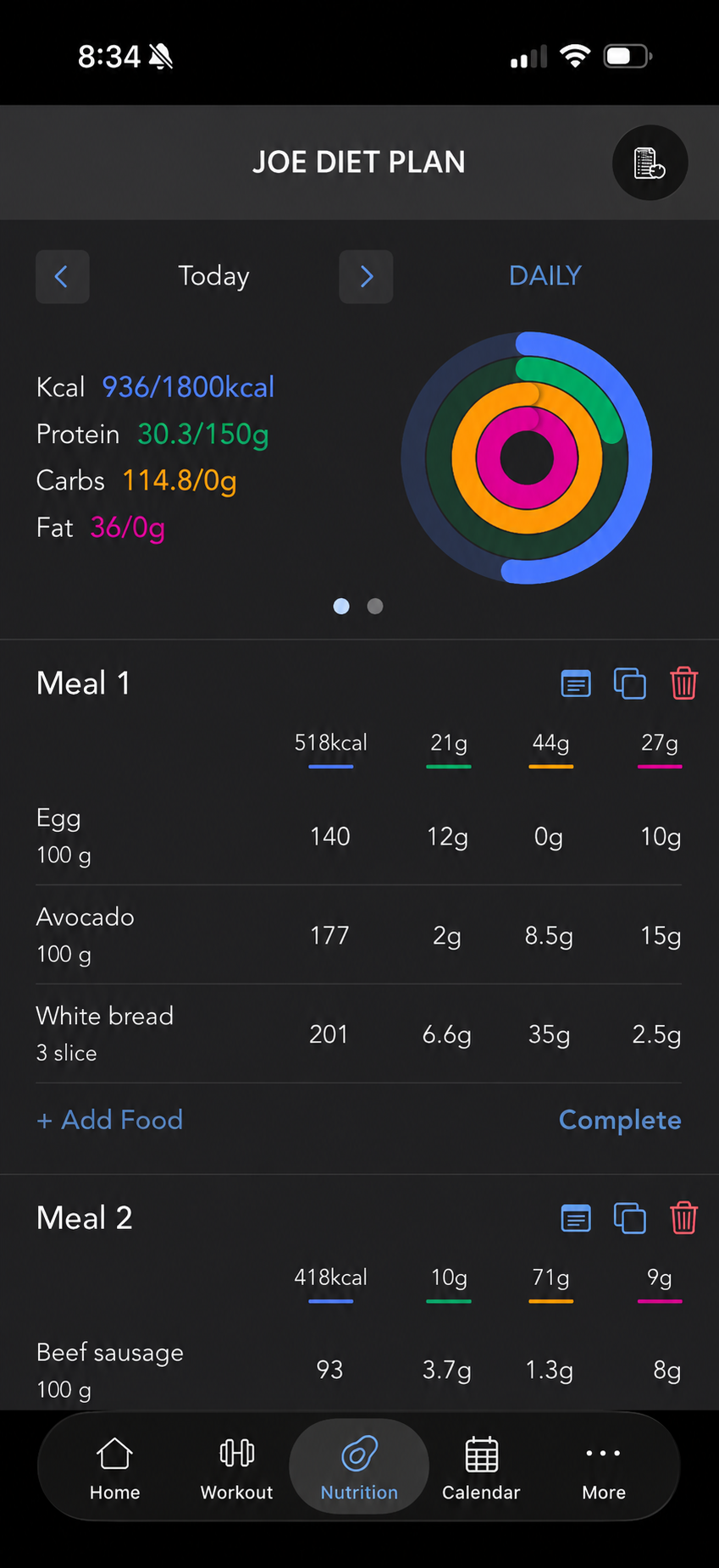 Joe Diet Plan nutrition screen in the coaching app