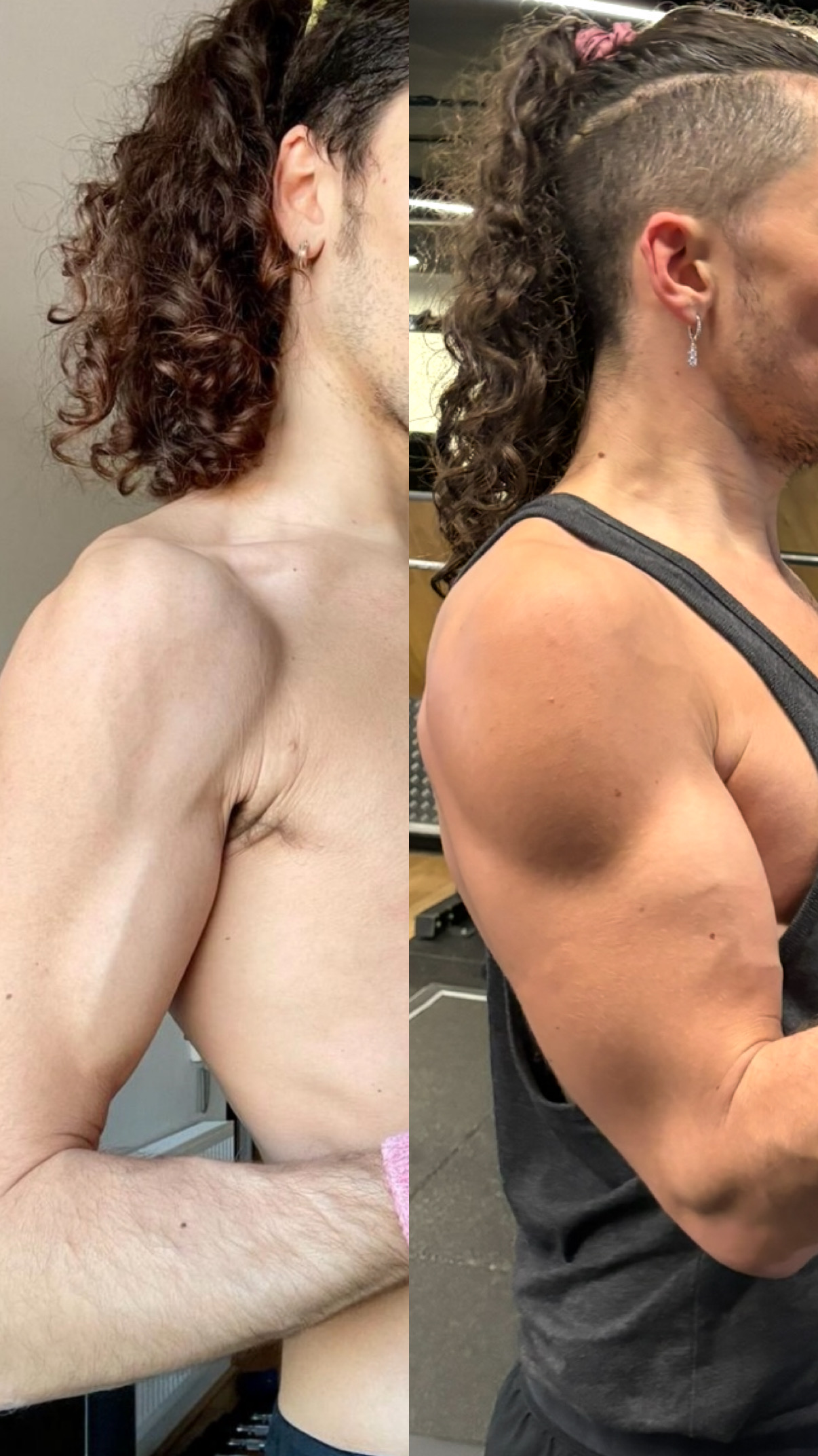 Before and after arm and shoulder muscle-gain transformation