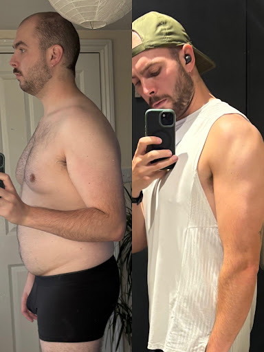 Before and after side profile fat-loss transformation
