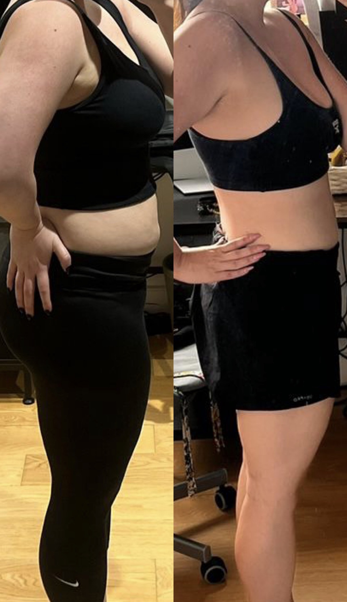 Before and after side profile weight-loss transformation