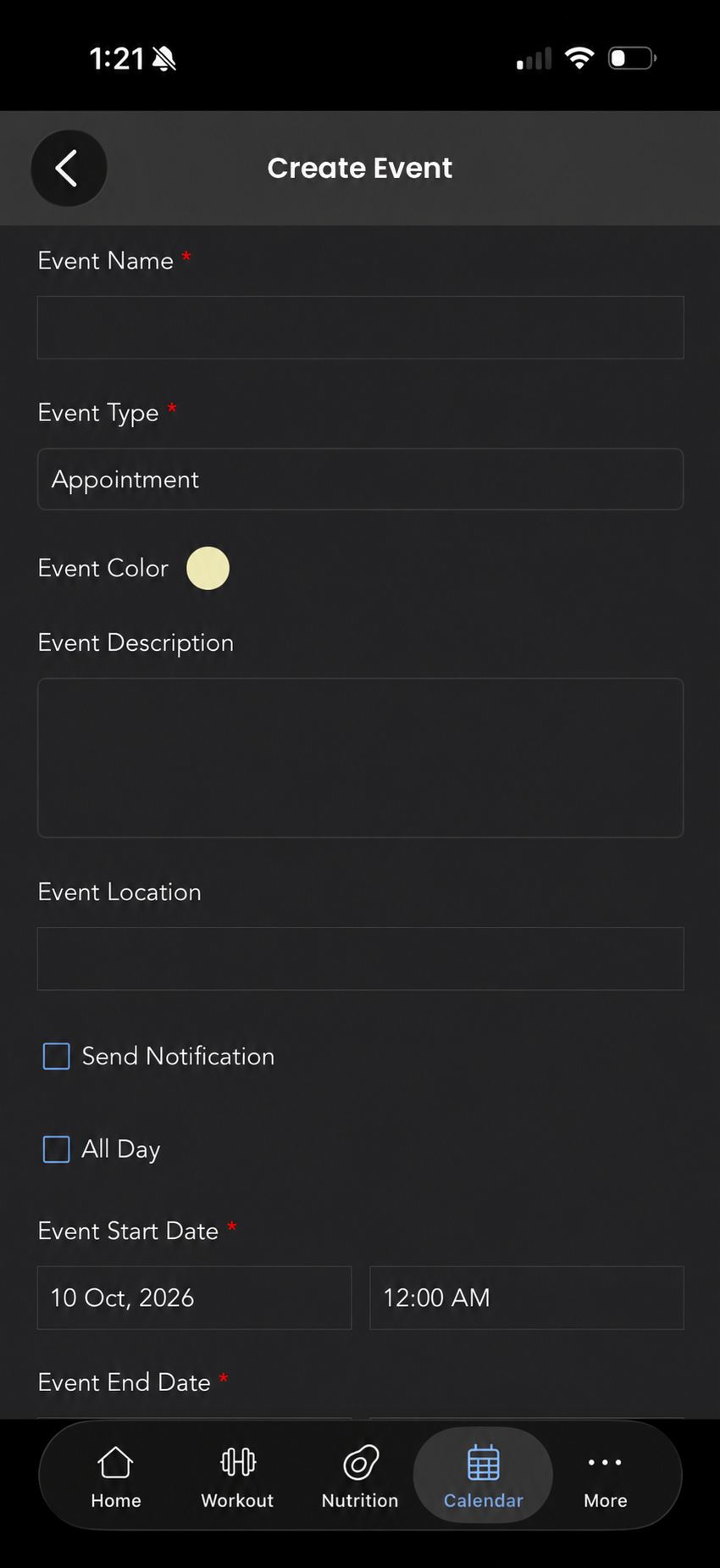 Calendar Create Event screen in the coaching app