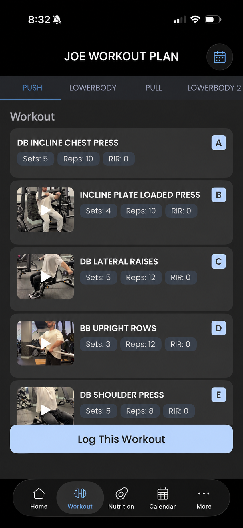 Joe Workout Plan screen in the coaching app