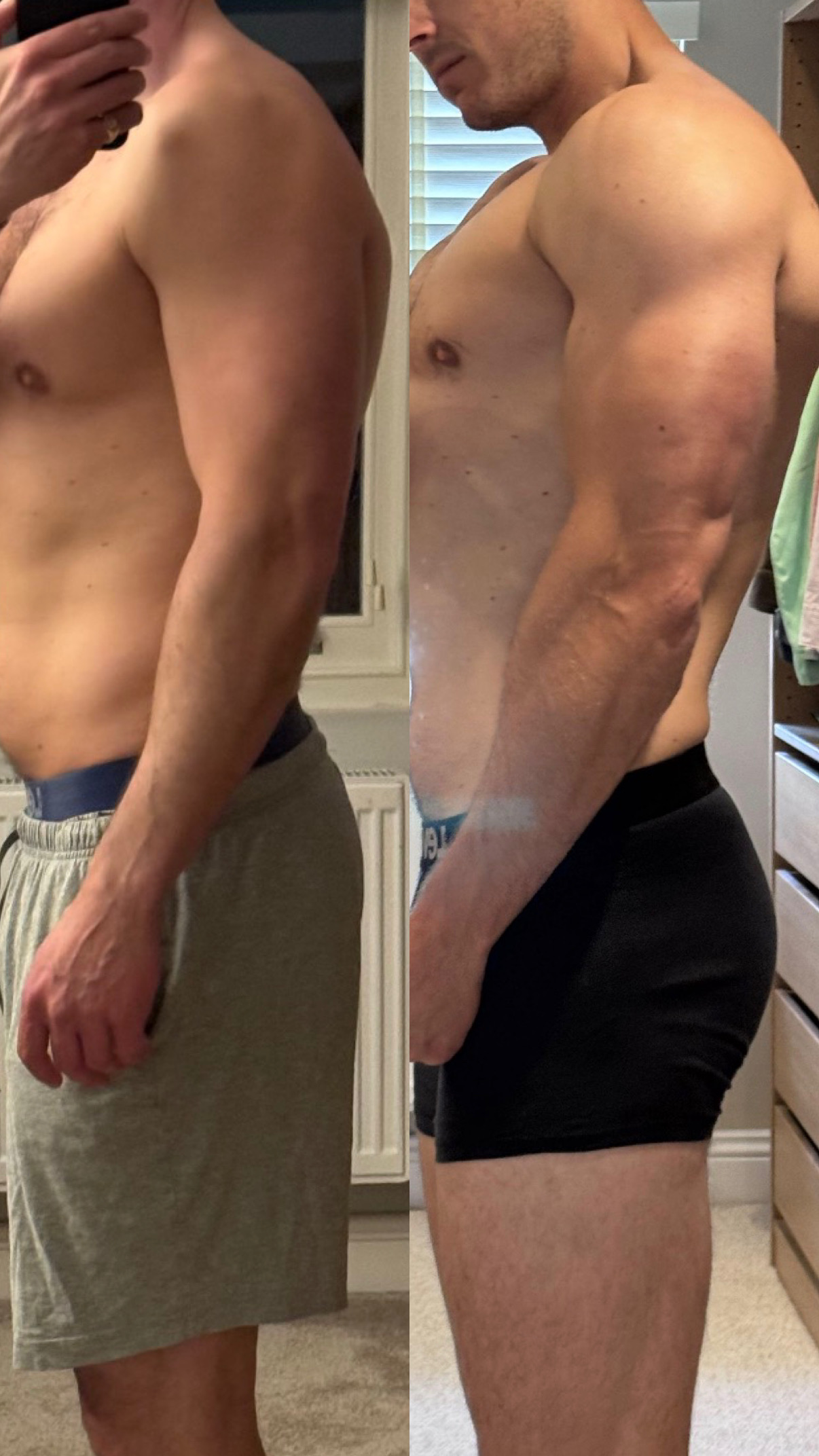 Before and after muscle-build side transformation